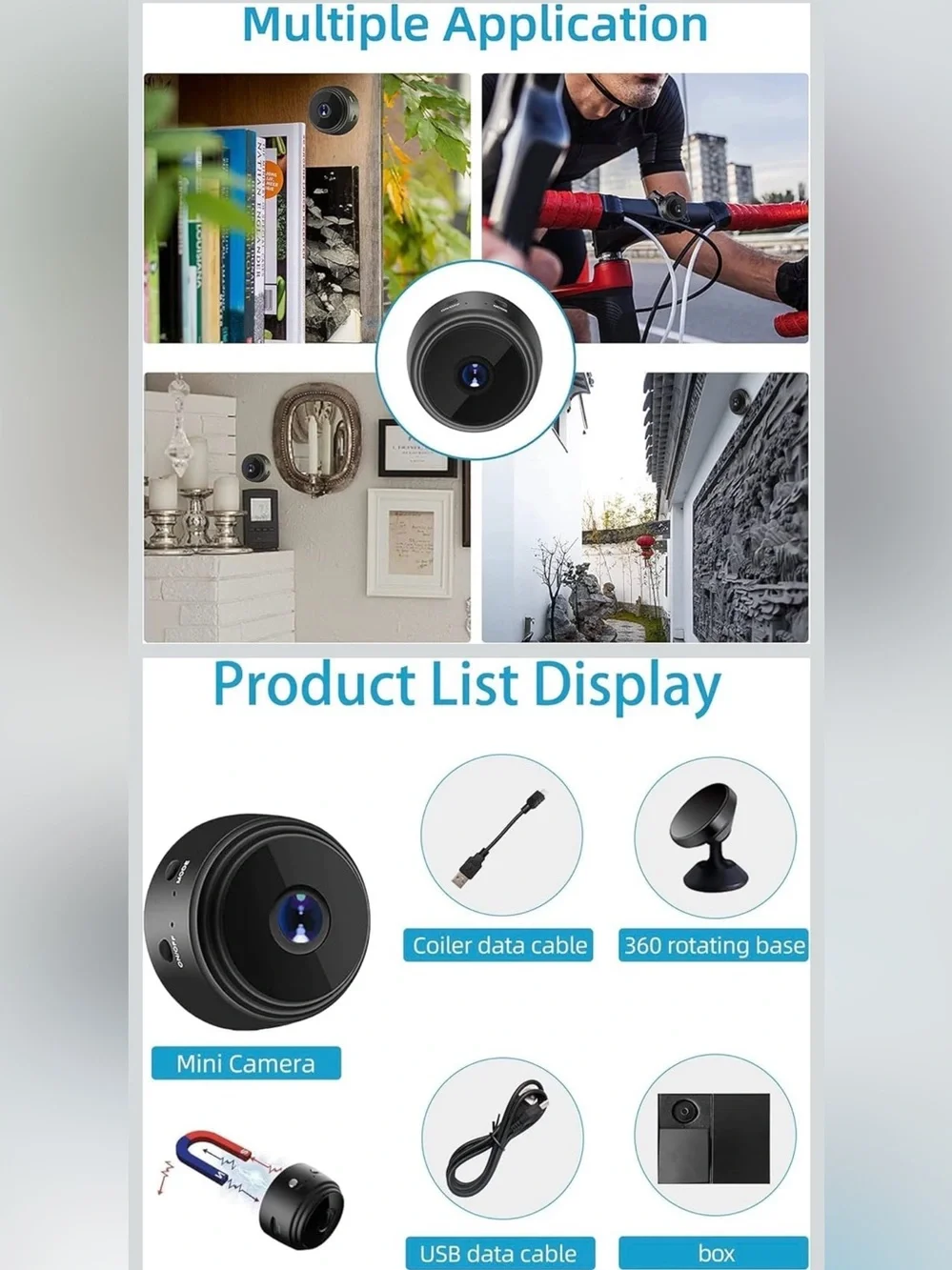 Compact Black WiFi Security Camera with USB Cable